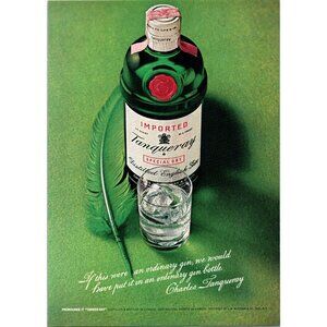 1971 Tanqueray Gin Green Bird Feather Quill Vintage Print Ad Man Cave Wall Art